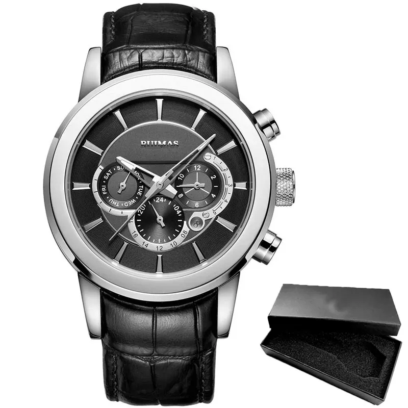 RUIMAS Mechanical Business Watch Men Top Brand Luxury Waterproof Date Calendar 24 Hour Leather Wristwatch Relogio Masculino 6767 - Цвет: RL6767G-Silver