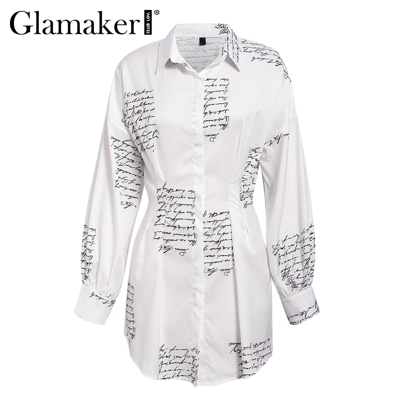 Glamaker, с буквенным принтом, Сексуальное Мини Короткое платье-рубашка, для женщин, белое, с длинным рукавом, вечерние, для клуба, платье, зима, осень, элегантное, облегающее платье