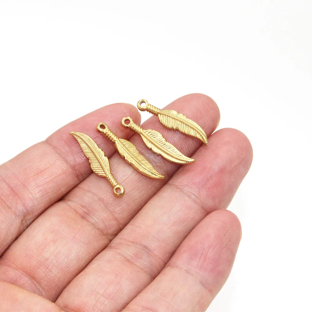 10pcs Feather Charm Pendants Stainless Steel Gold Beads Charms Findings for DIY Bracelet Necklace Jewelry Making Supplies