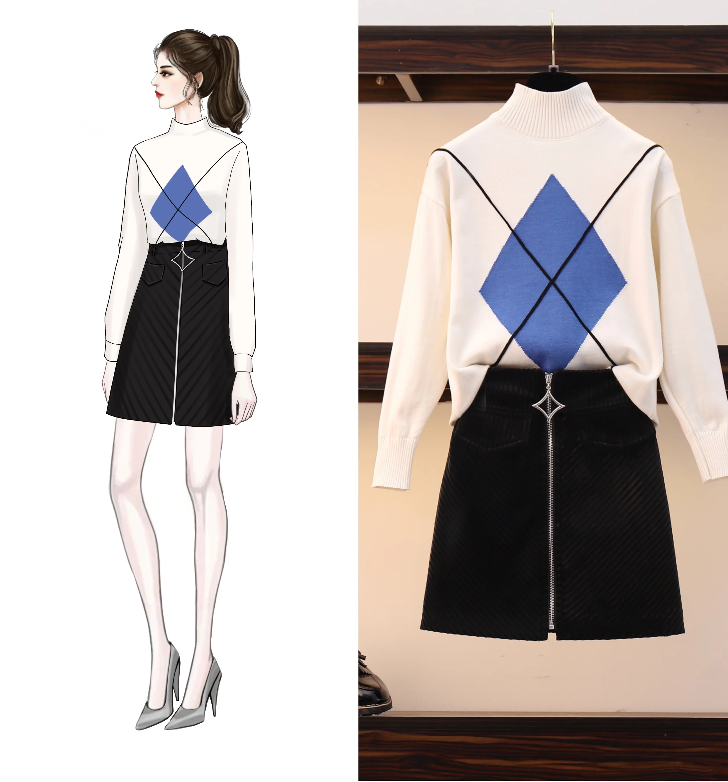 

2019 Autumn Winter Two Piece Set Women Casual Loose sweaters + Mini Zipper Skirts 2 Piece skirt Set 2 Piece Outfits for women