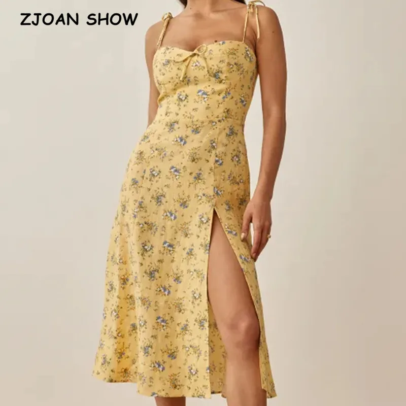 2021RomanticYellowFloralPrintSpaghettiStrapMidiDressRetro