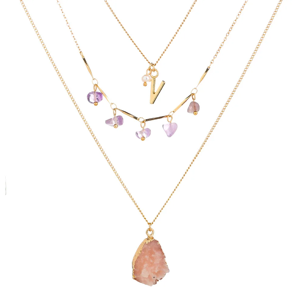 Letter V Elegant Necklace Beach Holiday Retro Family Style Purple Imitation Natural Stone Water Drop Multilayer | Украшения и