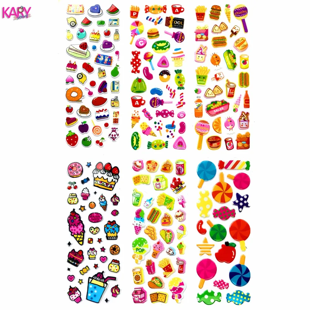 Nourriture collations sucettes crème glacée bonbons Desserts Scrapbooking bulle gonflé autocollants 6 feuilles Kawaii récompense enfants jouets pour enfants (lot de 6)