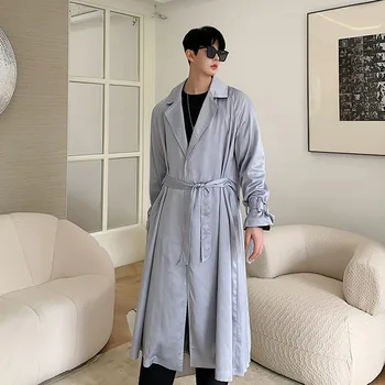 

Male Fashion Casual Cardigan Windbreaker Jacket Overcoat Men New Folds Satin Style Loose Thin Long Trench Coat Outerwear