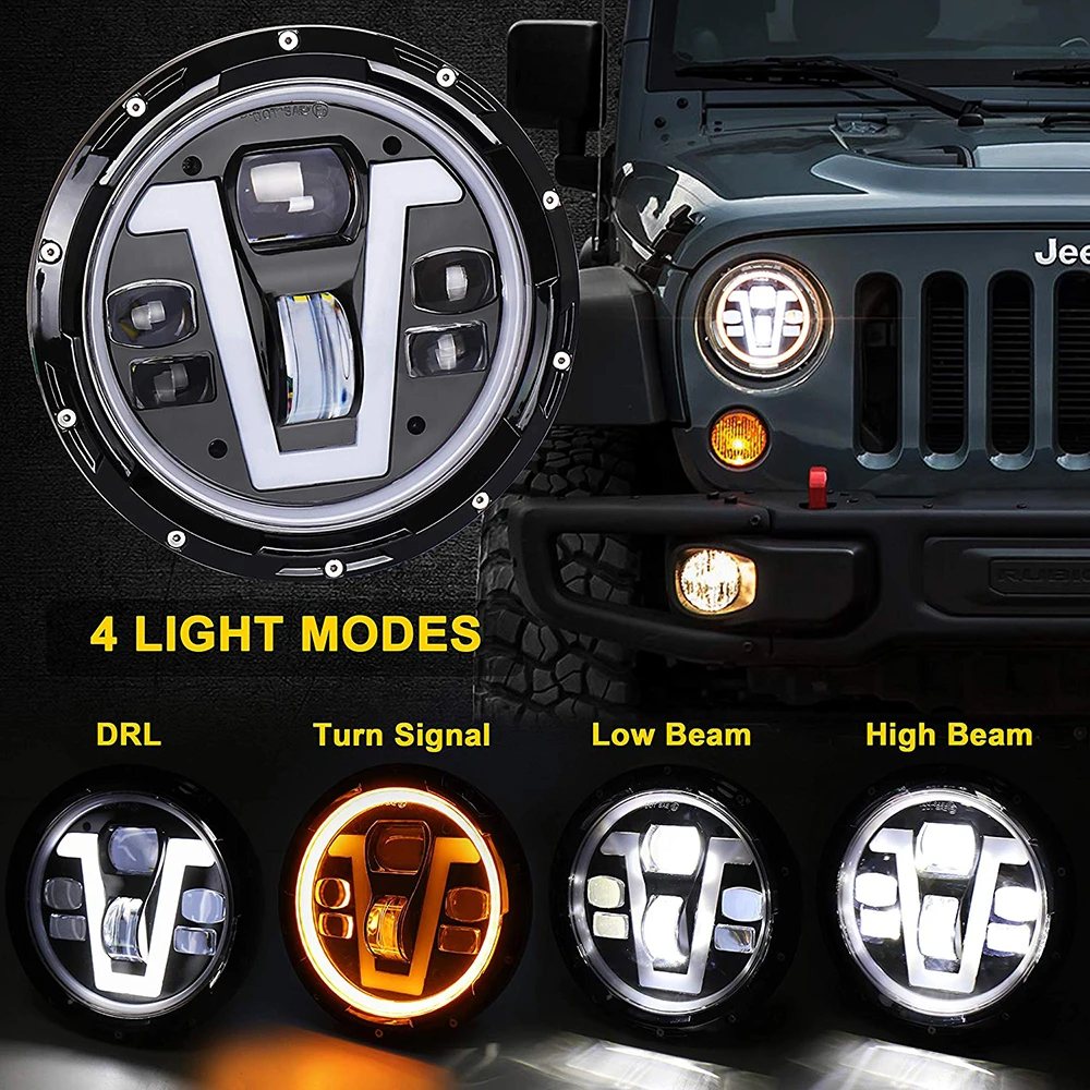 

1 Set Round 7 Inch 50W LED Headlights with Amber Turn Signal Compatible-Jeep-Wrangler TJ CJ LJ JK To-yota FJ La-da