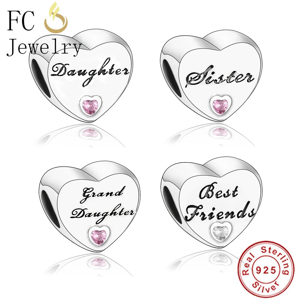 FC ювелирное изделие, браслет Pandora, 925 серебро, сердце, бусины из розовых камней для семьи, мама, папа, тетушка, жена, Berloque