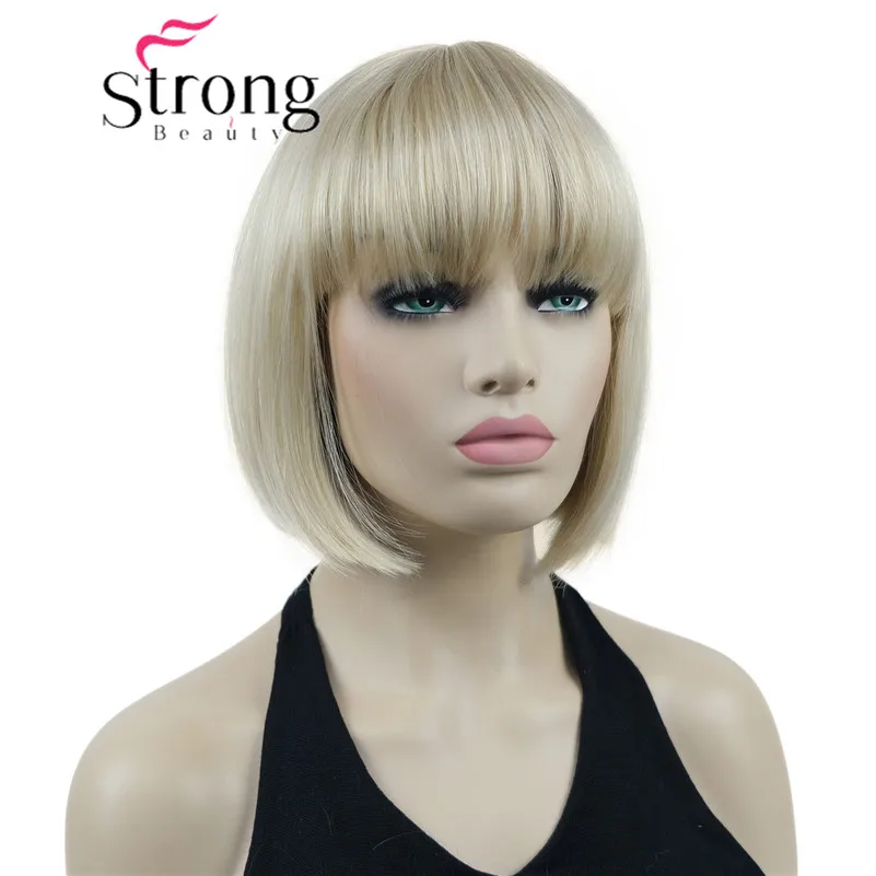 StrongBeauty Bob Short Straight W Bangs Platinum Blonde Full Synthetic Wig Hair Piece