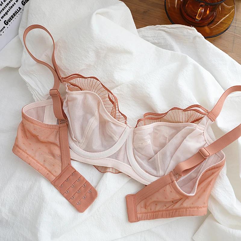 Romantic exquisite embroidered underwear women's ultra-thin bralette petal cup soft steel ring upper support gather bra set