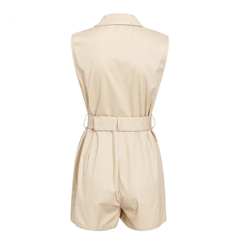 Sexy Elegant Jumpsuit women Belt Khaki Cotton Ladies Jumpsuits Summer Pocket Button Zipper Romper Short Office Overalls