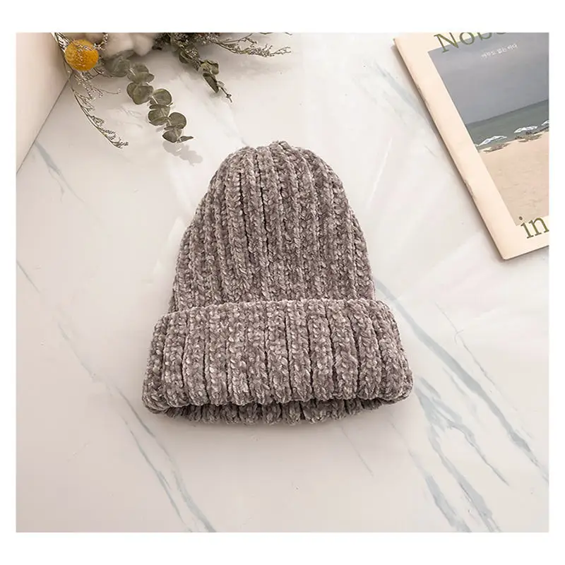 new corduroy knitted wool hat winter woman's beanies Double thick warm Cold-resistant bean hat Super soft Solid material - Цвет: Medium gray
