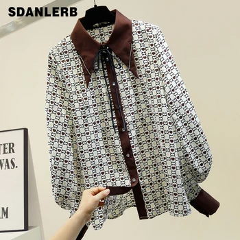 

Retro Fashion Bow Diamond Point Collar Printed Shirt Women's Loose-Fit Temperament Puff Sleeve Shirt Womens Tops Ropa Mujer