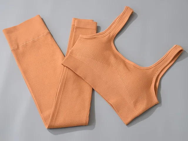 BURGUNDY 2 Piece Set Ribbed Seamless Outfits Yoga Leggings Fitness Wear Womens Sports Bra Gym Pants Workouts Scoop Notch CARAMEL Caramel scoop