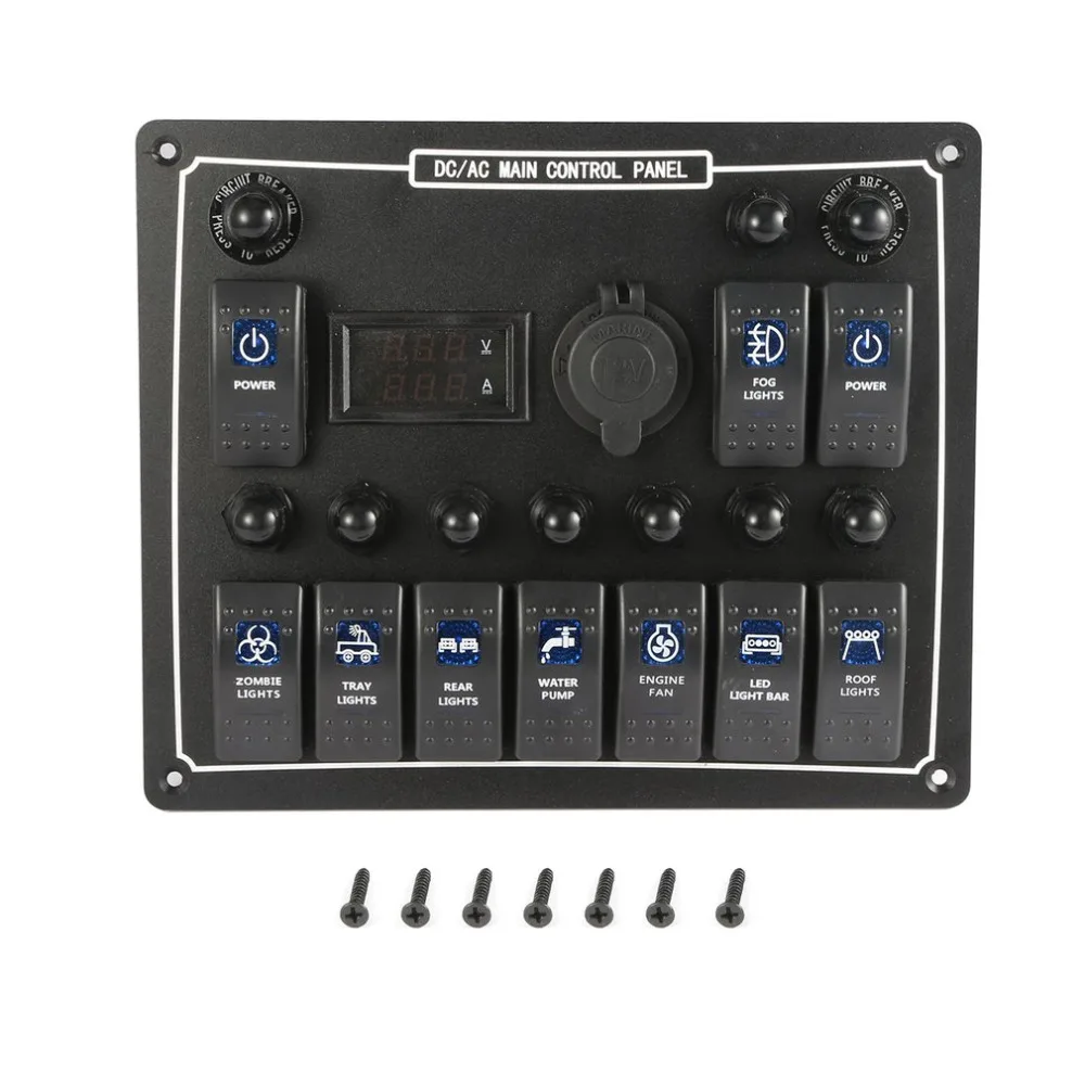 10 Gang Waterproof Car Auto Boat Marine LED AC/DC Rocker Switch Panel Dual Power Control Overload Protection 15A DC Output Top