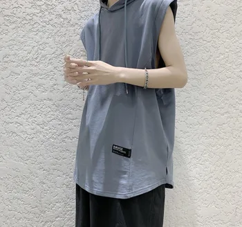 

2020 Summer New Youth Popular Men's Solid Color Loose Sleeveless Thin Hooded Sweatshirt Fashion Casual Pullover M-2XL