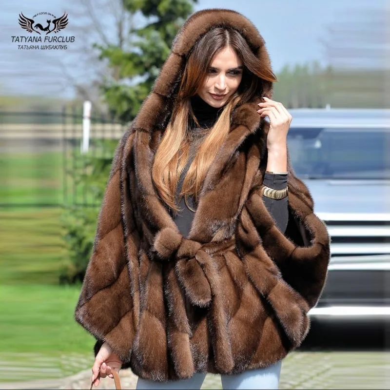 MKW-096 coffee Модная серая норковая шуба с поясом из натурального меха, модель года, Женская куртка с рукавами «летучая мышь», шуба из натурального меха норки с меховым капюшоном - Цвет: MKW-096 coffee