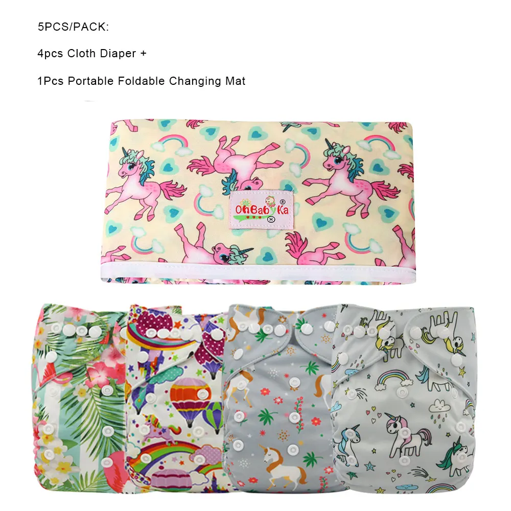 Foldable Portable Baby Nappy Changing Pad Reusable Baby Pocket Diapers 4pcs+1pc Washable Baby Cloth Diapers Mat - Цвет: OBHN7