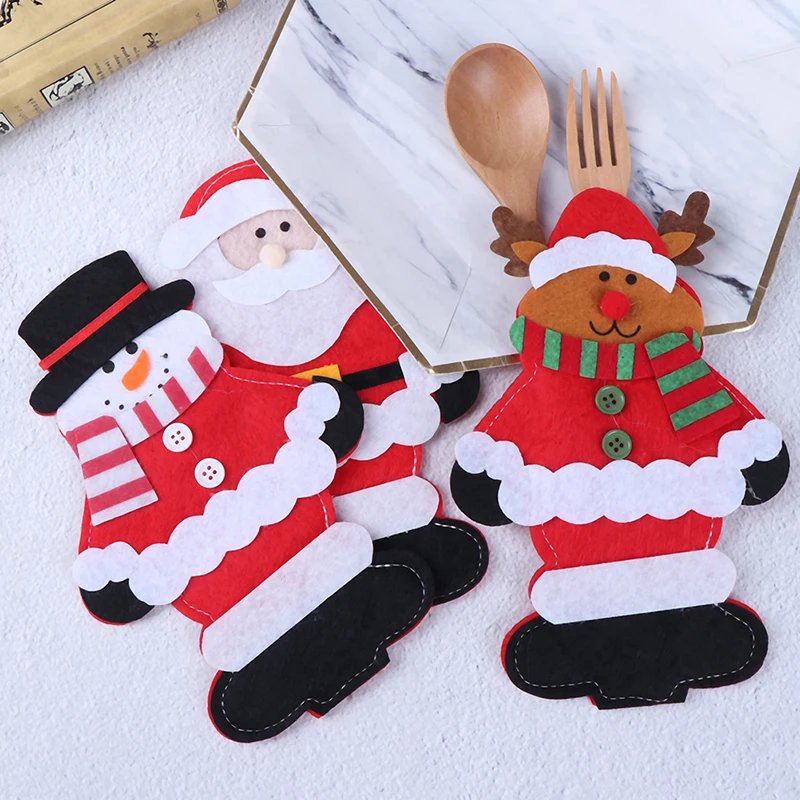 

Santa Claus Snowman Reindeer Elk Christmas New Year Pocket Fork Knife Cutlery Holder Bag Home Party Dinner Decoration Tableware
