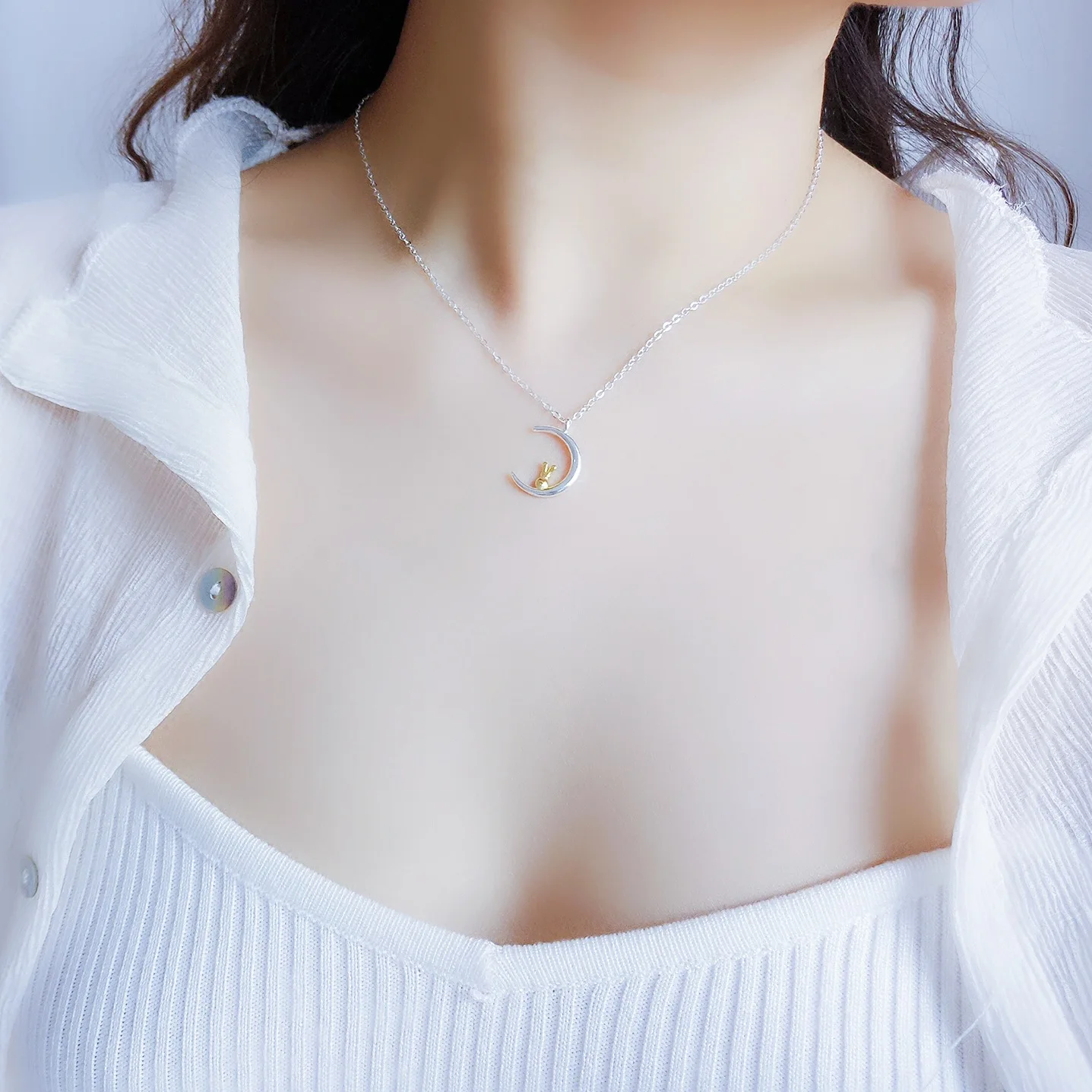 

Moon Gold Rabbit Necklace S925 Sterling Silver Necklace Women's Cute Rabbit Choker Crescent Gold the Mid-autumn Festival Gift