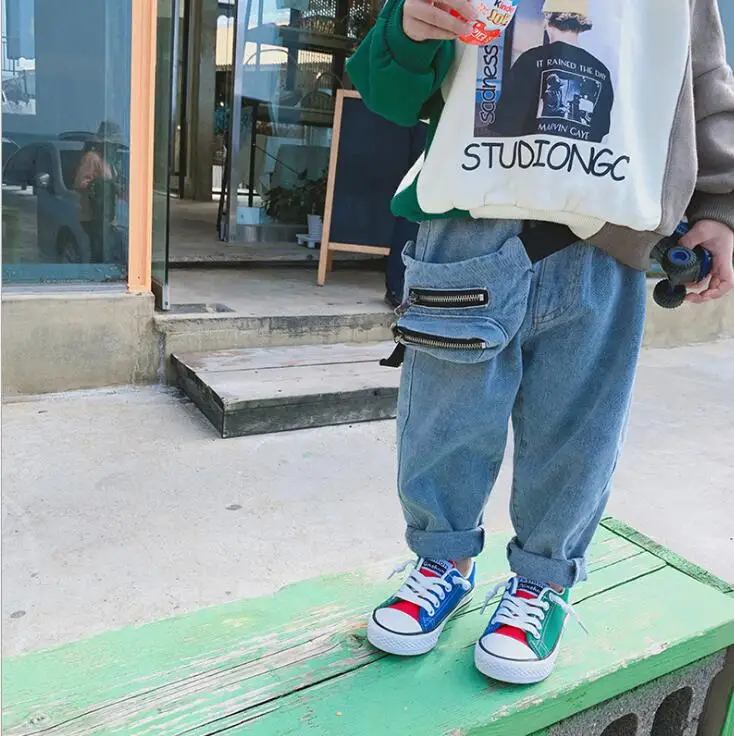 

2019 new arrival girls boys denim pants with bag autumn fashion kids jean pants 1-6t HW523