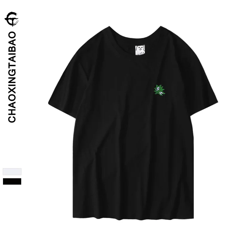 

Embroidered Cat Green Leaf Cheap Cat Suction Cat T-shirt Middle Finger Cat Crew Neck Couples Men And Women Short Sleeve T-shirt