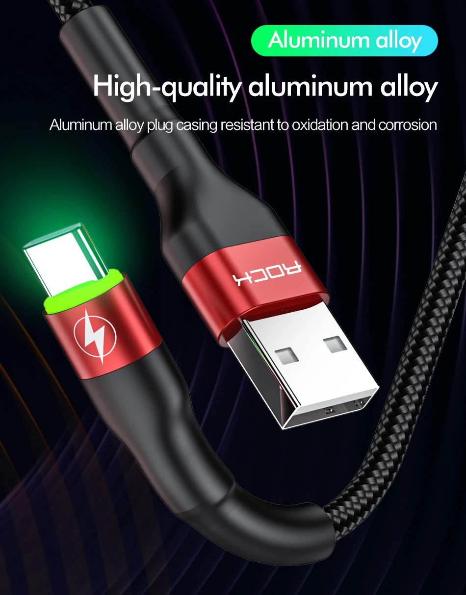 ROCK usb type C кабель для samsung S10 S9 S8 huawei P30 Pro 5A светодиодный QC 3,0 4,0 Быстрая зарядка мобильного телефона USB-C кабель