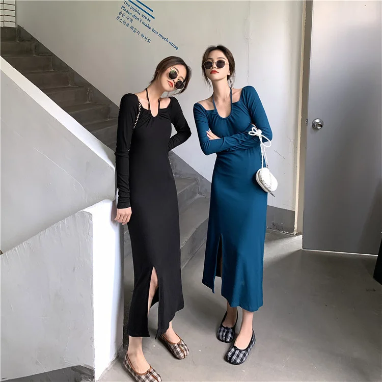 Женское трикотажное платье с длинным рукавом весеннее длинное однотонное