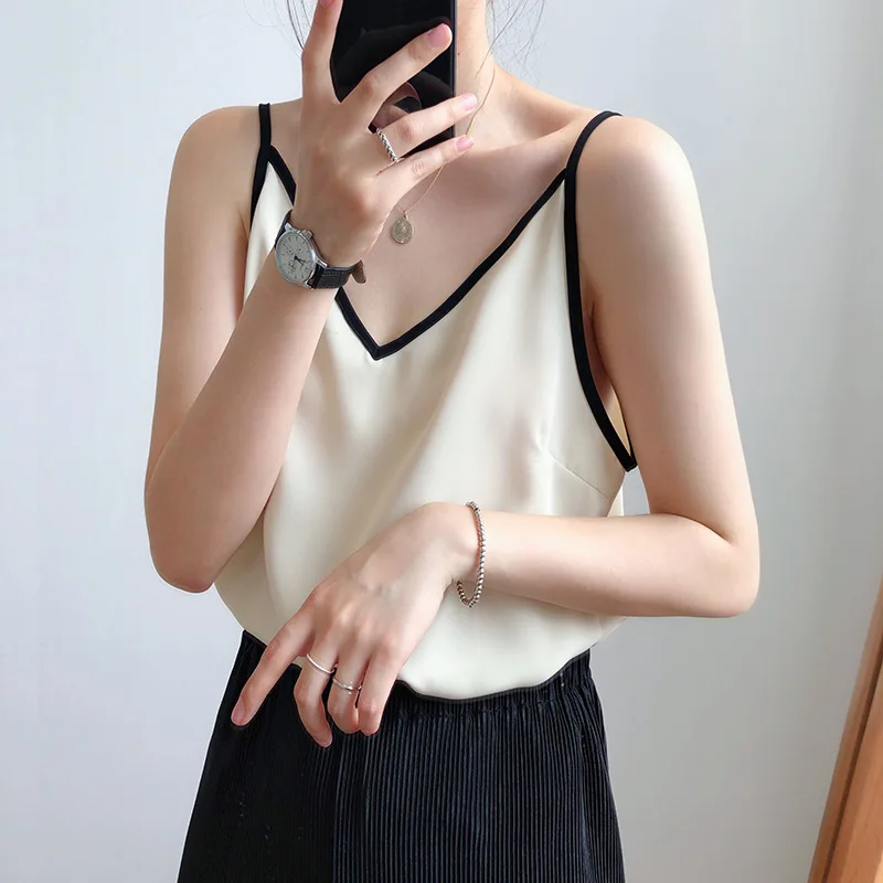 Новая мода Ins Горячая из сатиновой сетки Красный шифоновый пояс жилет женский летний V шеи без рукавов Топ уличная Спагетти ремень Топ