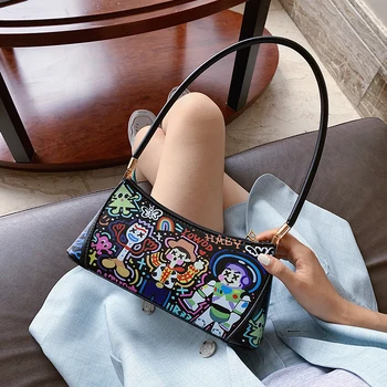 

Graffiti Design PU Leather Bags For Women 2020 Armpit Bags Cross body Sweet Messenger Bag Female Travel Hand Bag