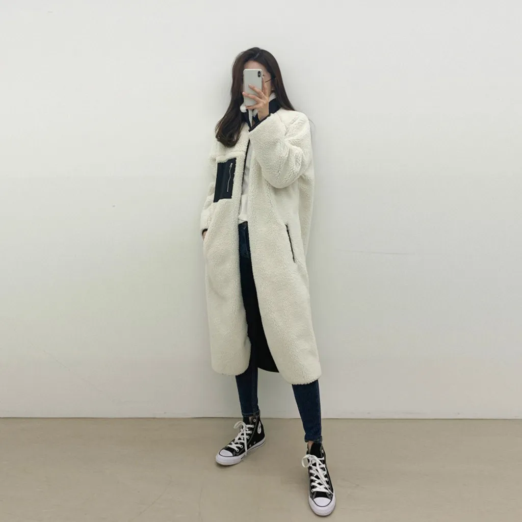 Manteau femme hiver зимнее женское пальто из овечьей шерсти с бархатным воротником, куртка на молнии и цветной длинный Тренч, пальто из искусственного меха fourrure
