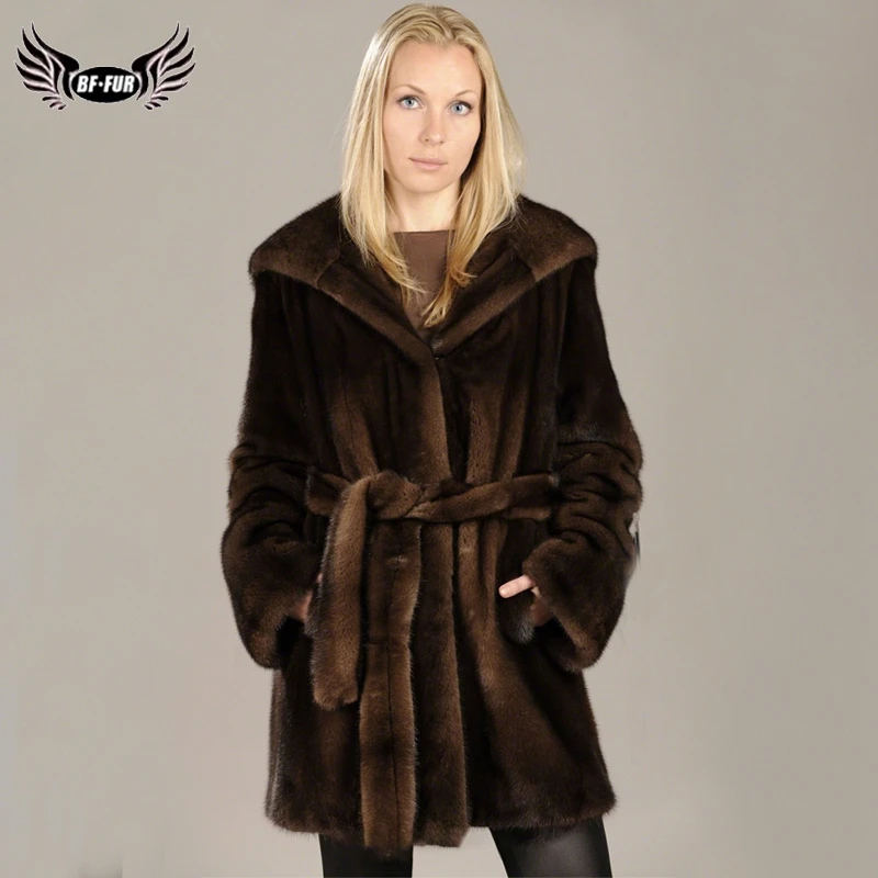 

2019 BFFUR Women Real Mink Fur Coat With Hood Coats Female Luxurious Winter Outfit With Belt Striped Warm Park With Fur