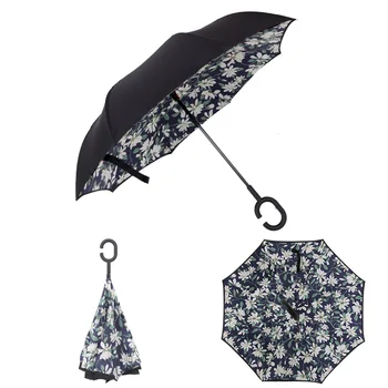 

Greenish Lily Flower Windproof Reverse Folding Double Layer Inverted Rain Umbrella Self Stand Rain Protection C-Hook Hands For C