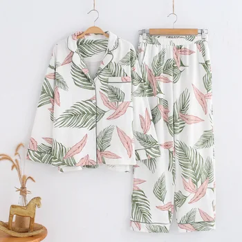 

2020 Homewear Clothing Cotton Pajama Sets for Womens Pijama Inverno High Quality Cardigan Leaf Printing Female Sleepwear