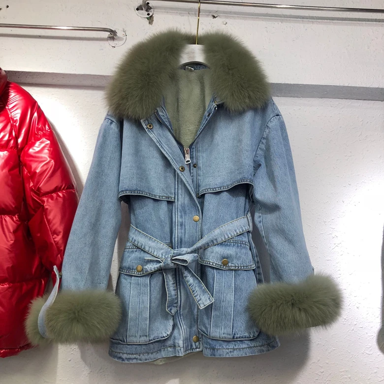 

Winter Real Fur Collar Long Denim Jacket Plush Thick Warm Cotton Coat Girl Ladies Street Windproof Overcoat Parka Padded Femme