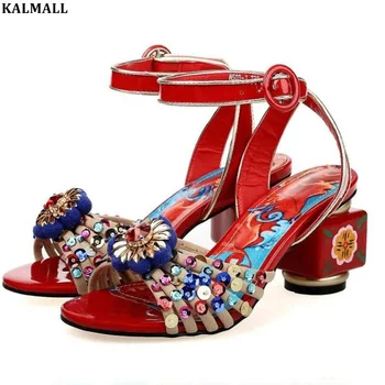 

KALMALL Bohemia Crystal Flower Chunky Heels Ethnic Gladiator Sandals Ankle Strap Mixed Color Shoes Wedding Party Sandalias Mujer