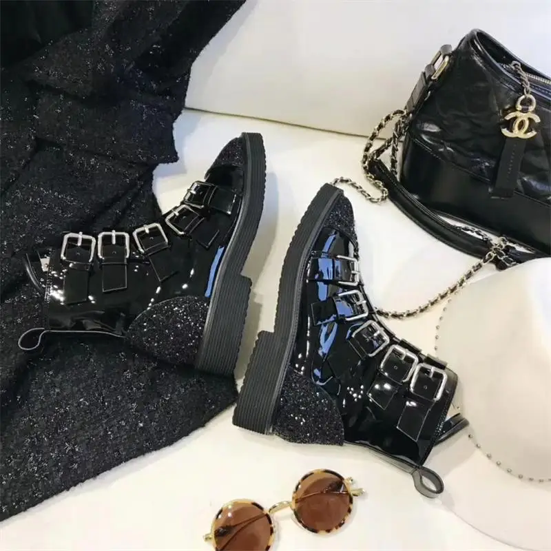 

Women Winter Ankle Boots Motorcycle Zipper Black Cool Patent Leather Ladies Shoes Woman Luxury Brand Designer Scarpe Donna 2019
