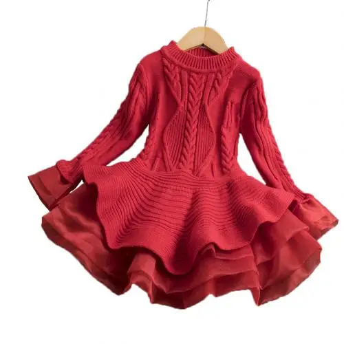 Детский Зимний вязаный пуловер с длинными рукавами для девочек; свитер; мини-юбка принцессы с длинными рукавами; дизайн «кроше»; Теплый красивый вид - Цвет: Красный