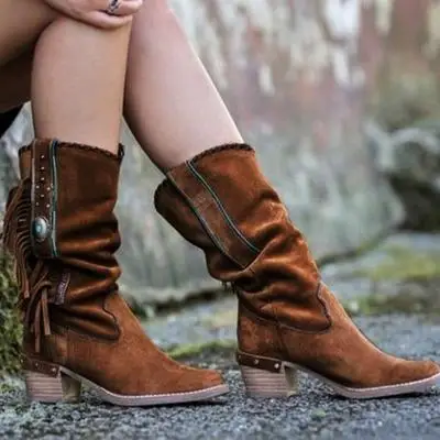 SHUJIN/зимние женские высокие сапоги; модные женские сапоги до колена на среднем каблуке с бахромой; сапоги до колена; однотонные женские слипоны - Цвет: camel