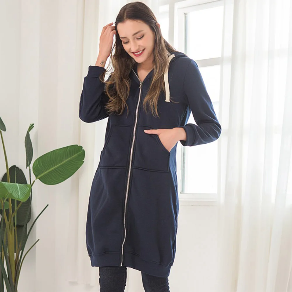 Женская Длинная толстовка с капюшоном и карманами на молнии|Толстовки свитшоты| |