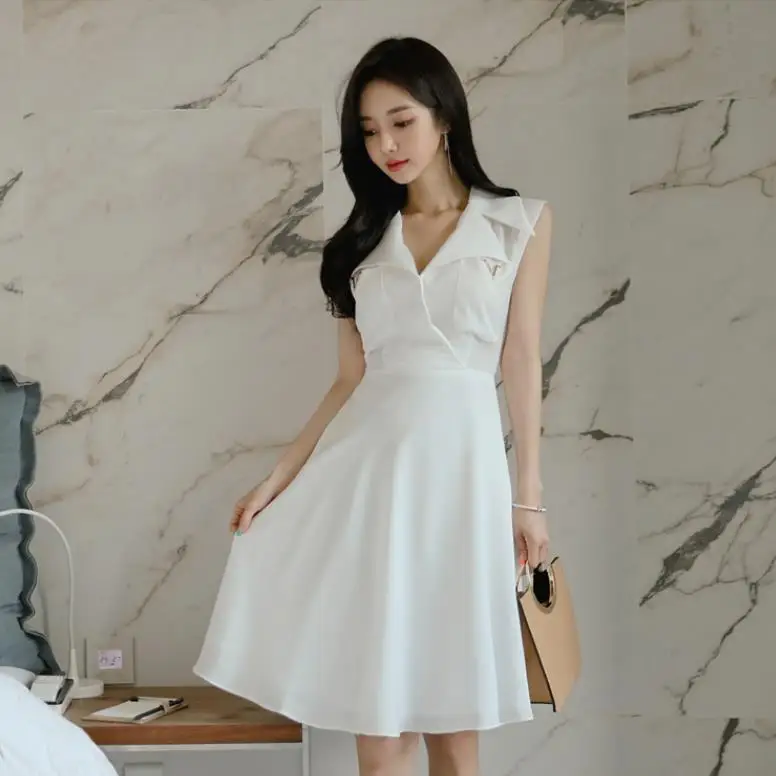 

White Business WOMEN'S Dress 2019 Summer New Style Ol Suit Fold-down Collar Sleeveless Waist Hugging Puffy Formal Wear Dress Sli