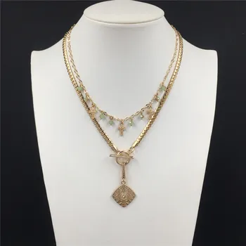 

Trendy Gold Color Flower Textured Pendant T Bar O Bar Cross Bead Charm Layered Necklace For Women Girl Bohemia Elegant Multi