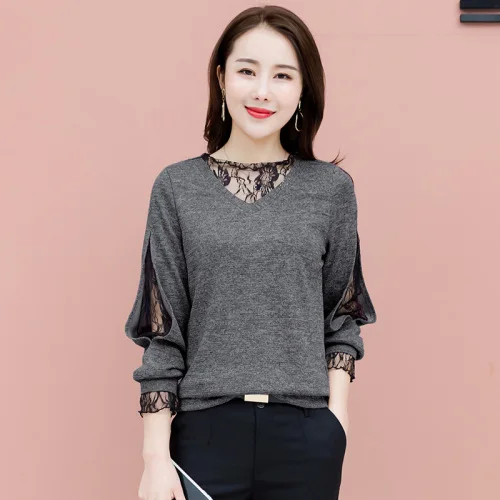 Blusas mujer de moda женские рубашки Женская мода новая весенняя рубашка с длинным рукавом Повседневная кружевная женская блузка 7890 50 - Цвет: Серый