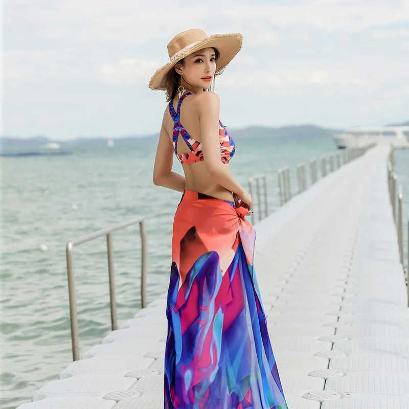 

Three-piece Set Bikini Bathing Suit Women's Small Bust Gathering Vest Style Split Type Boxer Hot Springs Swimwear Conservative L