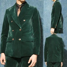 

2 Pieces Men Suits Green Velvet Costumes Hommes Custom Made Formal Wedding Tuexdos Fashion Prom Blazer+Pant Suit Sets