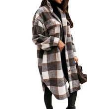 

Women Turn-down Collar Coat Pockets Long Outwear Single Breasted Elegant Plaid Print Button Long Sleeve Casual Female Jacket