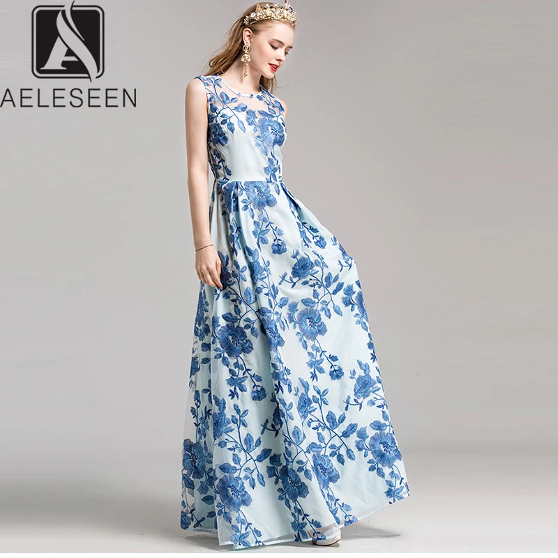 

AELESEEN Luxury Embroidery Runway Design Dresses Women Transparent Chest With Lining Elegant Voile Bohemian Floral Long Dress