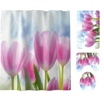 

4pcs Toilet Lid Polyester Anti Slip Printing Bathroom Mat Set Hotel Flower Series Floor Decoration 12 Hooks Home Shower Curtain