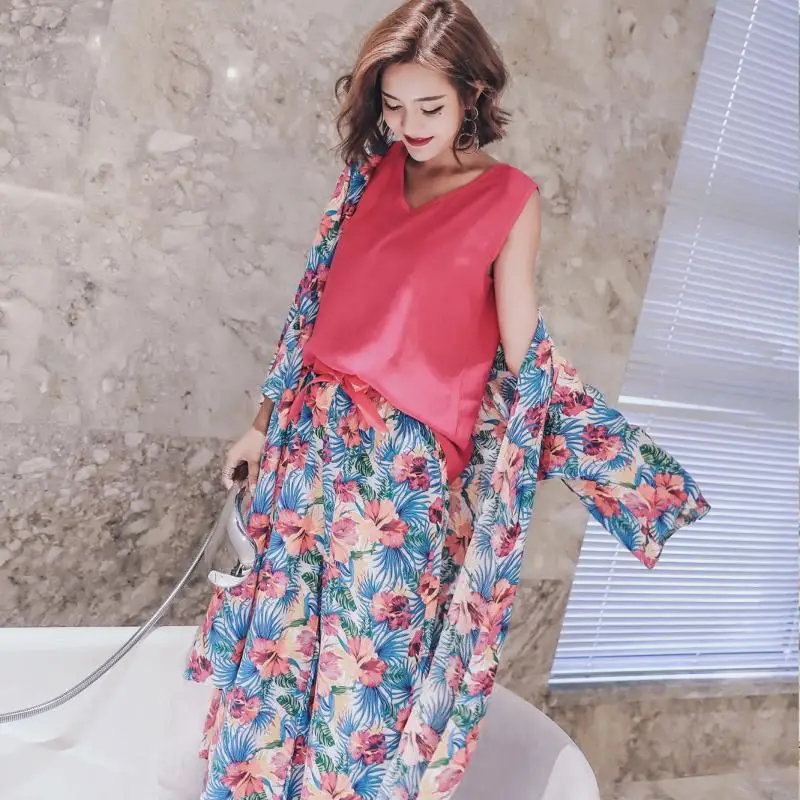 

Large Size Three-piece Set Pajamas Women's Loose Cotton Set Korean-style Long Sleeve Trousers Camisole Jungle Flower Home Wear