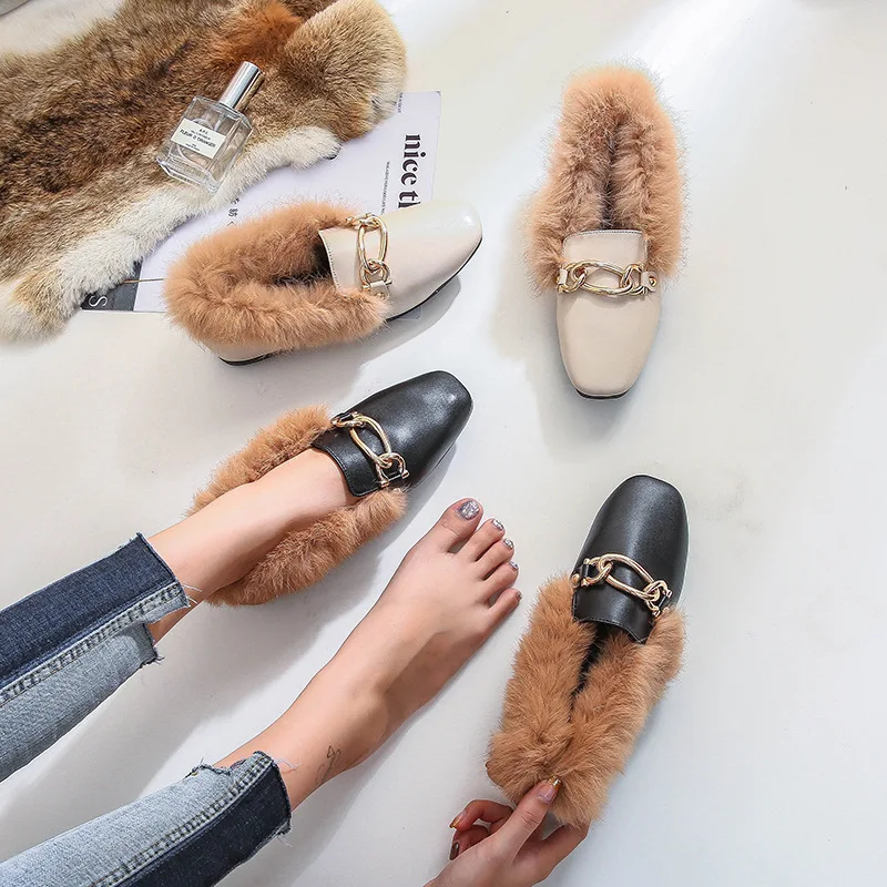 

Shoes Women Rabbit Fur Flats Loafers Metal Chain Square Toe Shoes Slip on Furry Slides Plus Size Zapatos Mujer Black Apricot