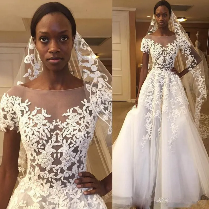Винтаж в африканском стиле кружевные свадебные платья vestido de noiva; обувь черного цвета для девочек Для женщин трапециевидной формы Воротник Sheer Jewel индивидуальный заказ Свадебное платье
