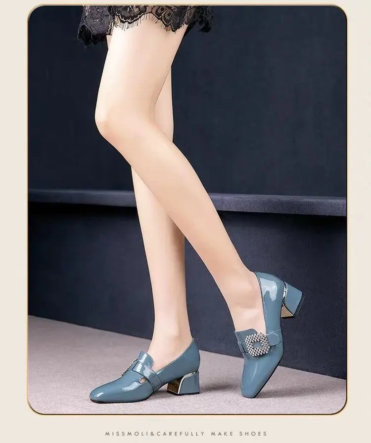 Plus Size Women Pumps Rhinestone Buckle Boat Shoes Patent Leather Dress Shoes Square Toe Ladies Office Shoes zapatos mujer